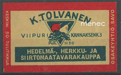 Tulitikkuetiketti, K. Tolvanen, Viipuri 