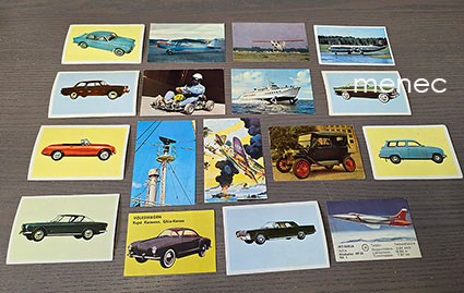 Sekalaisia purukumi- ja keräilykuvia, autoja ja lentokoneita, 17 kpl 