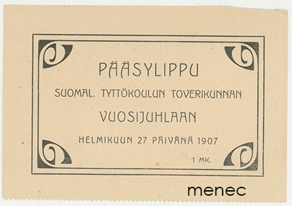 Pääsylippu Suomal. tyttökoulun toverikunnan vuosijuhlaan 
