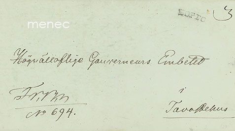 Esifilateelinen kuori tuomiokapitulilta Hämeenlinnaan, kuvernöörinvirastoon 1839 