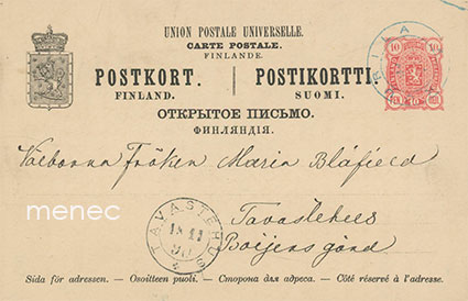 Ehiökortti 1890 Maria Blåfieldille Hämeenlinnaan 