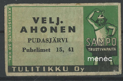 Seppä-etiketti, vihreä, Velj. Ahonen, Pudasjärvi 