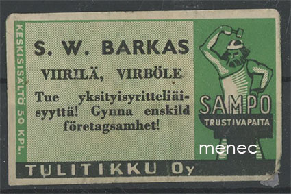 Seppä-etiketti, vihreä, S. W. Barkas, Viirilä, Sipoo 