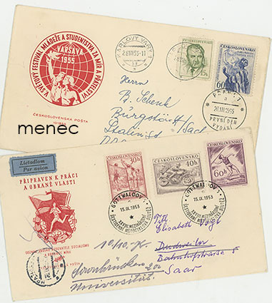 Tsekkoslovakia, kommunistifestivaalien julkaisuja 1953 ja 1955, lentoposti Saksaan, sensuurin tarkastamat 