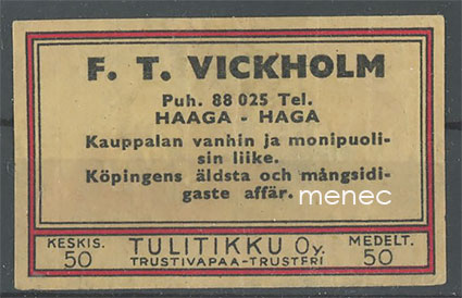 Kauppiasetiketti, F. T. Vickholm, Haaga 