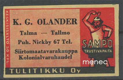 Seppä-etiketti, K. G. Olander, Talma, Martinkylä, Sipoo 