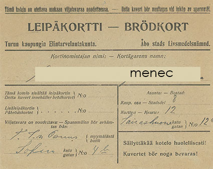 Leipäkorttikotelo 1918, Turun kaupungin Elintarvikelautakunta 