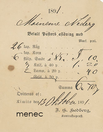 Kemiö, pastorin palkkaa elintarvikkeilla 1891, kuitti 