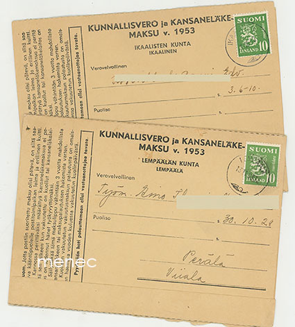 Kunnallisvero ja kansaneläkemaksu 1953, Ikaalisten ja Lempäälän kunnat 