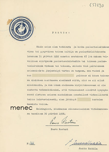 Eduskunnan oikeusasiamiehen päätös sotilasasiasta 1956 