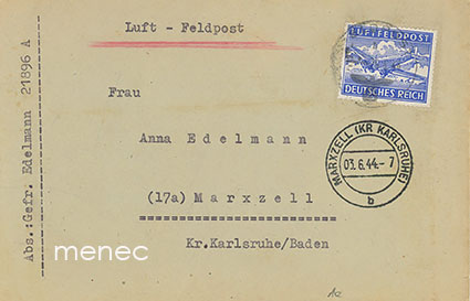 Saksa, kenttäpostikirje, lentoposti 28.5.1944, vapaaehtoinen venäläinen, kirje mukana 