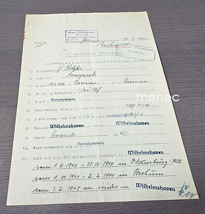 Stapon käsittelyraportti Arbeitsamt Wilhelmshavenissa: postivirkailijan ilmoittautumiset kahdella sivulla 
