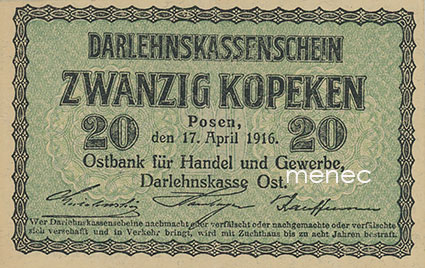 Darlehnskassenschein 20 Kopeken, Posen 1916 