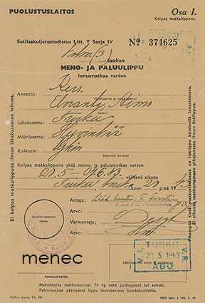 Meno- ja paluulippu lomamatkaa varten 1943 