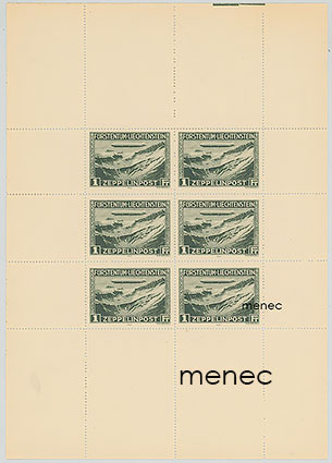 Liechtenstein, Zeppelinpost 1 Fr, 6 kpl arkki 