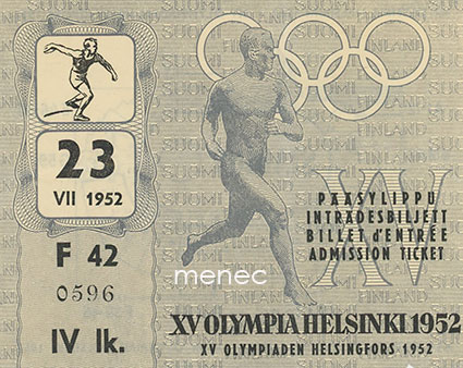 [Pääsylippu] XV Olympia Helsinki 1952. Stadion, kiekonheitto (IV lk.). 23.7. 