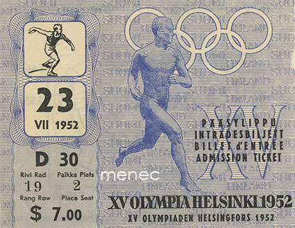 [Pääsylippu] XV Olympia Helsinki 1952. Stadion, kiekonheitto ($). 23.7. 
