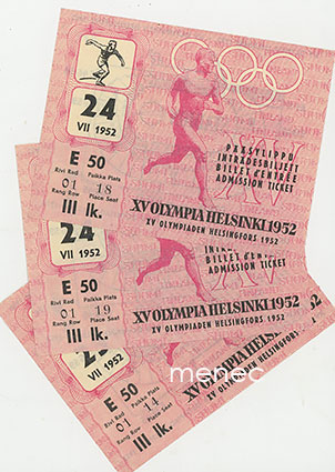 [Pääsylippu] XV Olympia Helsinki 1952. Stadion, kiekonheitto ($). 24.-25.7. - 3 kpl 