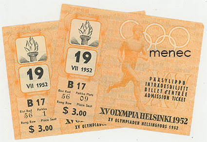 [Pääsylippu] XV Olympia Helsinki 1952. Stadion, avajaiset ($). 19.7., 2 kpl 