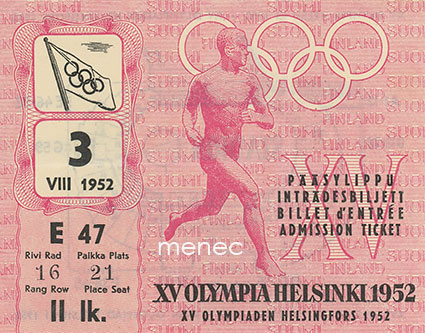 [Pääsylippu, päättäjäisjuhla] XV Olympia Helsinki 1952. Stadion E 47 3.8. II lk 