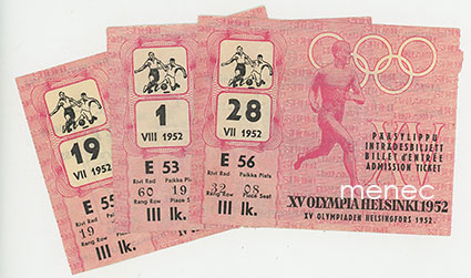 [Pääsylippu] XV Olympia Helsinki 1952. Stadion, jalkapallo, III lk, 3 kpl 
