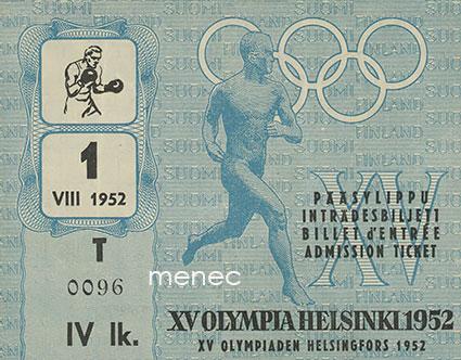 [Pääsylippu] XV Olympia Helsinki 1952. Nyrkkeily IV lk, 1.8. 