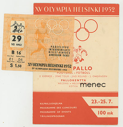 [Pääsylippu ja ohjelma 2. kierros] XV Olympia Helsinki 1952. Jalkapallo $, 29.7. 