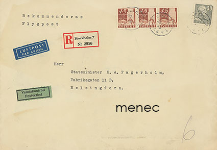 K. A. Fagerholmin saama postilähetys Suomen Ruotsin-edustustosta 