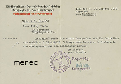 Saksa, Göringin toimisto lähettää rotutodistuksen liitteineen 1939 