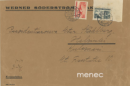 Presidentinrouva Ester Ståhlbergin WSOY:ltä saama oikoluentalähetys 1928 