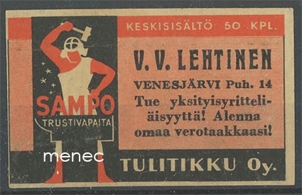 Seppä-etiketti, V. V. Lehtinen, Venesjärvi (Kankaanpää) 