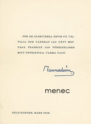 För de älskvärda bevis på välvilja ... Mannerheimin kiitos 1946 
