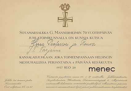 Kutsu Mannerheimin 70-vuotisjuhlaan Messuhallissa 1937, prof, ja rouva Tarjanteelle 