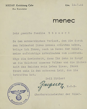 Saksa, puolueen surunvalittelut pojan kaatumisen takia 1944 