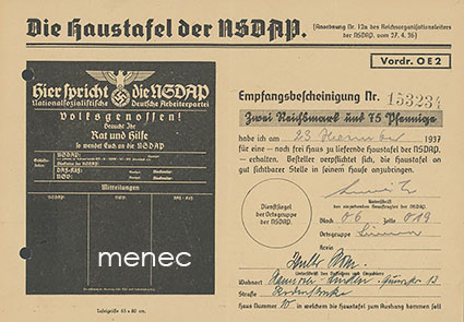 Saksa, NSDAP:n huoneentaulun vastaanottotodistus 1937 