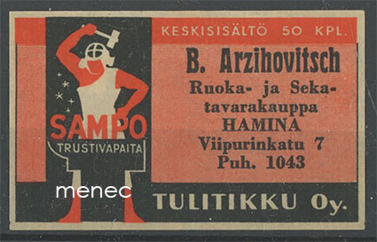 Seppä-tulitikkuetiketti, B. Arzihovitsch, Hamina 