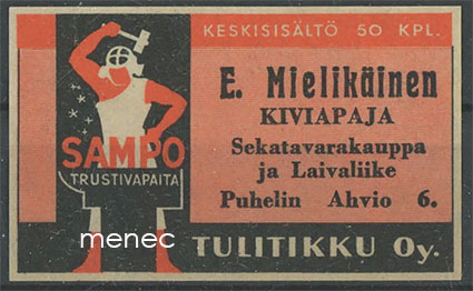 Seppä-tulitikkuetiketti, E. Mielikäinen, Kiviapaja, Savonlinna 