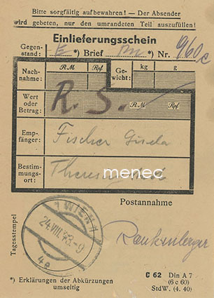 Saksa, Theresienstadt, ghetto-postipaketin kuitti 24.8.1943 