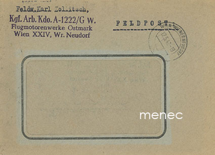 Saksa, kenttäpostia työkomennuskunnasta lentokonemoottoritehtaalta Wienistä 1942 