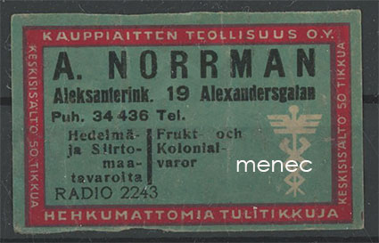 Kauppiasetiketti, A. Norrman, Helsinki 
