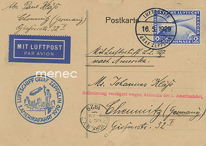 Saksa, lentopostia, Luftschiff Graf Zeppelin, 1. Amerikafahrt 1929. Myöhästynyt pakkolaskun (Cuersissa) takia 
