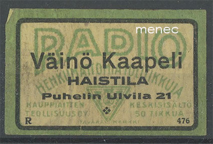 Kauppiasetiketti, Väinö kaapeli, Halstila, Ulvila 