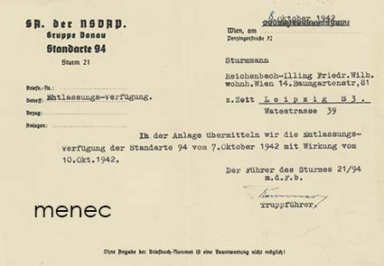 SA-miehen erottaminen 1942: In der Anlage übermitteln wir die Entlassungsverfügung der Standarte 94 ... 