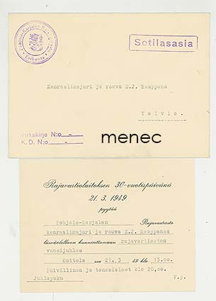 Kenraalimajuri Raappanan saama kutsu Rajavartiolaitoksen 30-vuotisjuhlaan 1949 