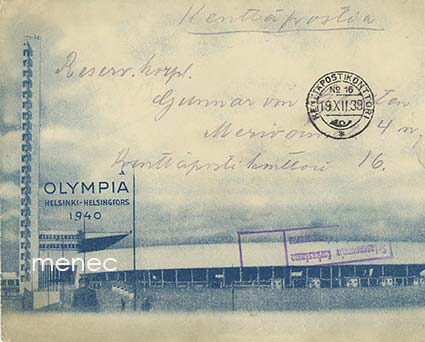 Olympiakuori 1940, kenttäpostia Isosaaren linnakkeelle 19.12.1939 