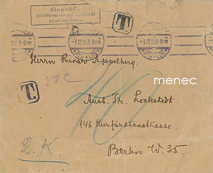 Kirje merkittävälle jääkäriaktivistille Runar Appelbergille Lockstedtiin 1916 