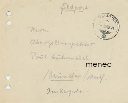 Saksa, kenttäpostia Demjanskista, SS Totenkopfin tiedusteluosastosta 5.8.1941 