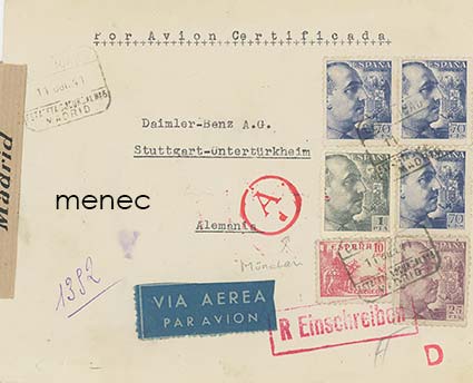 Espanja, kirje Saksaan Daimler-Benzille 1941. Kirjattu lentoposti, Madridin sensuurin avaama 