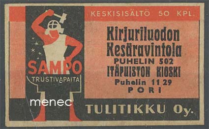 Seppä-tulitikkuetiketti, Kirjuriluodon Kesäravintola / Itäpuiston Kioski, Pori 