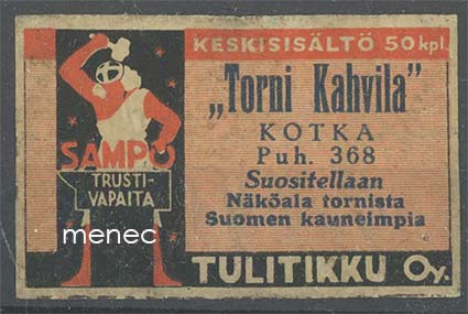 Seppä-tulitikkuetiketti, Torni Kahvila, Kotka 